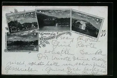 Mondschein-AK Nussdorf /Attersee, Ortsansicht mit Villa Ransonnet, Villa Danter, Gasthof zur schönen Aussicht