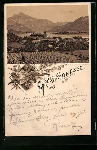 Lithographie Mondsee, Teilansicht mit Kloster