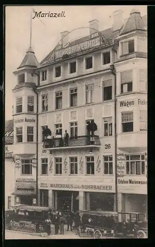 AK Mariazell, Hotel Rohrbacherhof und Warenhaus Josef Rohrbacher