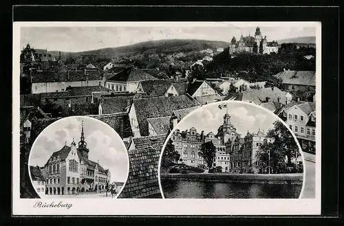 AK Bückeburg, Ortsansicht aus der Vogelschau, Schloss und Rathaus