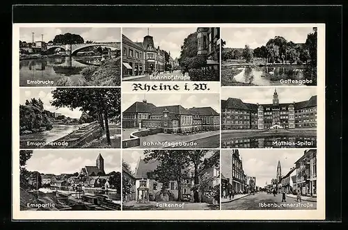 AK Rheine i. W., Emsbrücke, Bahnhofstrasse, Gottesgabe, Falkenhof, Ibbenbürenerstrasse und Mathias-Spital