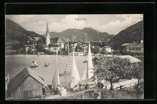 AK Egern, Seepartie, Blick zur Kirche