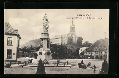 AK Bad Cleve, Lohengrin-Denkmal mit Schwanenburg