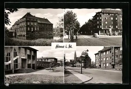 AK Herne i. W., Schloss und Strassenpartie