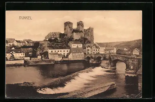 AK Runkel, Flusspartie mit Brücke