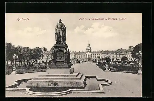 AK Karlsruhe, Karl Friedrich-Denkmal und Grossherzogliches Schloss