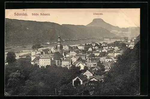 AK Schandau / Sächs. Schweiz, Ortsansicht mit Blick zum Lilienstein