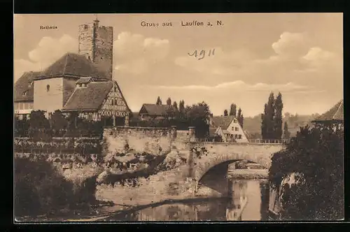 AK Lauffen a. N., Rathaus, Flusspartie mit Brücke