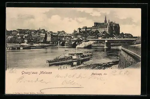 AK Meissen, Panorama, Dampfer auf der Elbe