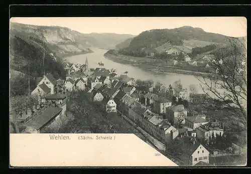AK Wehlen / Sächs. Schweiz, Ortsansicht und Elbe aus der Vogelschau
