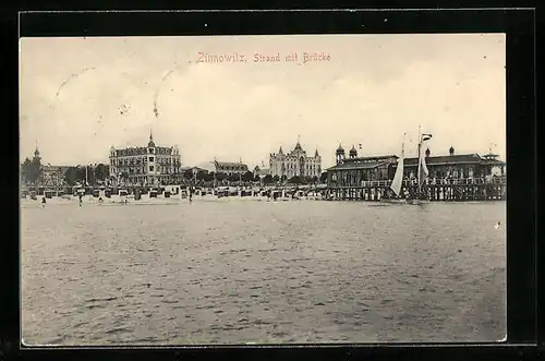 AK Zinnowitz / Usedom, Strand mit Brücke vom Wasser aus gesehen