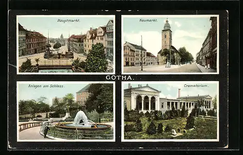 AK Gotha, Hauptmarkt, Neumarkt, Anlagen am Schloss und Krematorium