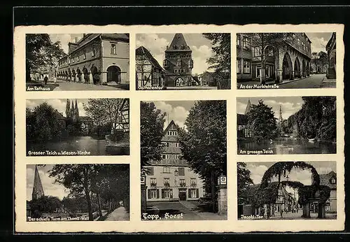 AK Soest, Gaststätte Topp, Osthofenstr. 33, Rathaus, Grosser Teich u. Wiesen-Kirche, Jacobi-Tor, Marktstrasse