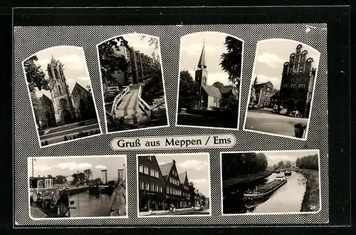 AK Meppen / Ems, Kirche, Strassenpartie und Flusspartie