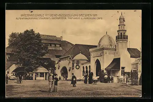 AK Dresden, Internat. Hygiene-Ausstellung 1911, Alpenpanorama-Restaurant Oberbayern, Taifunrad u. Marokkan. Café