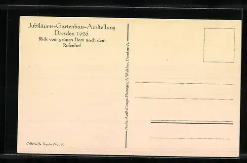 AK Dresden, Jubiläums-Gartenbau-Ausstellung 1926, Blick vom grünen Dom zum Rosenhof