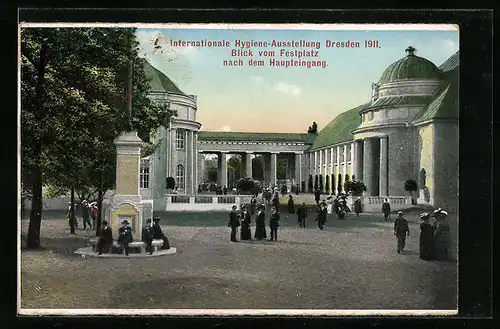 AK Dresden, Internat. Hygiene-Ausstellung 1911, Blick vom Festplatz zum Haupteingang