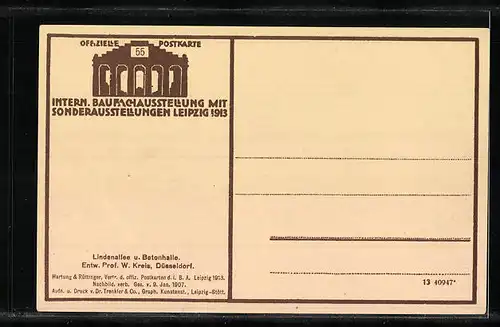 AK Leipzig, Intern. Baufachausstellung 1913, Lindenallee und Betonhalle
