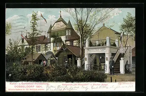 AK Düsseldorf, Kunst- und Gartenbau-Ausstellung 1904, Restaurant Alt-Düsseldorf und Pavillon Siebel