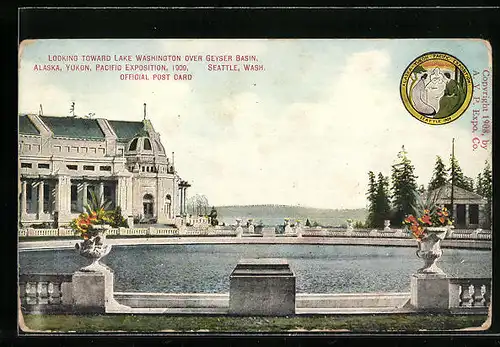 AK Seattle, Alaska, Yukon, Pacific Exposition 1909, Looking toward Lake Washington over Geyser Basin, Ausstellung