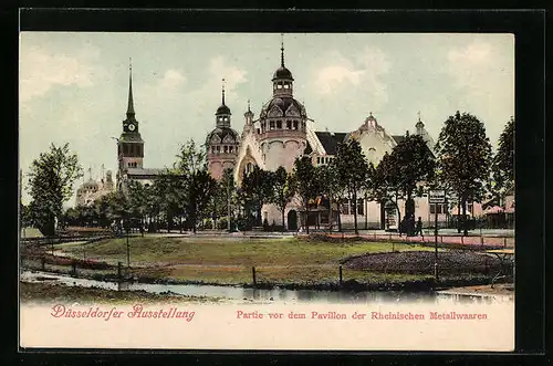 AK Düsseldorf, Ausstellung, Partie vor dem Pavillon der Rheinischen Metallwaren