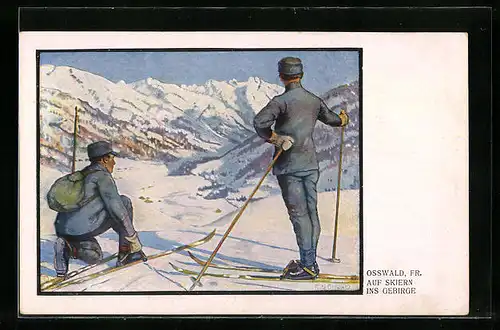 Künstler-AK sign. Fr. Oswald: Soldaten auf Skiern im Gebirge