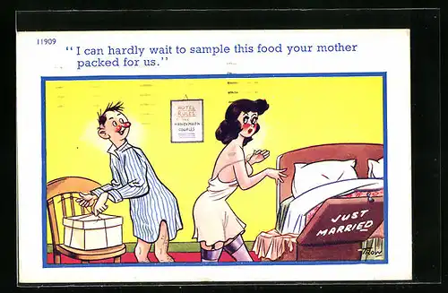 Künstler-AK sign. Trow: Verlegenes Hochzeitspaar im Schlafzimmer