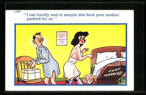 Künstler-AK sign. Trow: Verlegenes Hochzeitspaar im Schlafzimmer