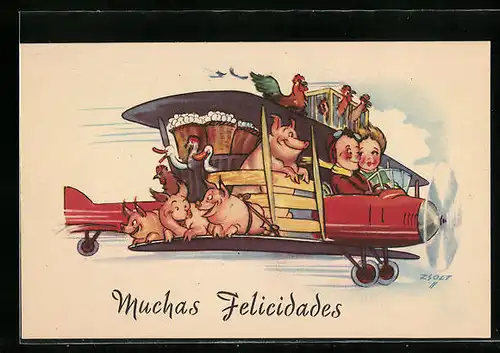 Künstler-AK sign. Zsolt: Kinder fliegen mit Schweinen, Enten und Hühnern in einem Doppeldecker, Muchas Felicidades