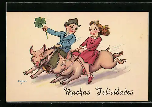 Künstler-AK sign.Zsolt: Junges Paar reitet auf zwei Schweinen, Muchas Felicidades