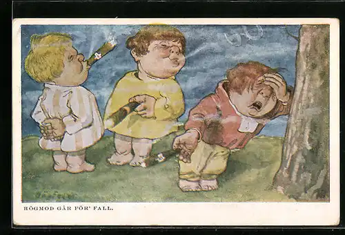 Künstler-AK sign. Högfeldt: Kinder rauchen Zigarren