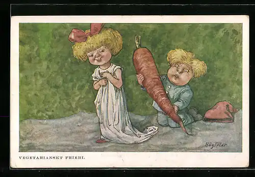 Künstler-AK sign. Högfeldt: Junge kniet mit einer Möhre vor dem Mädchen