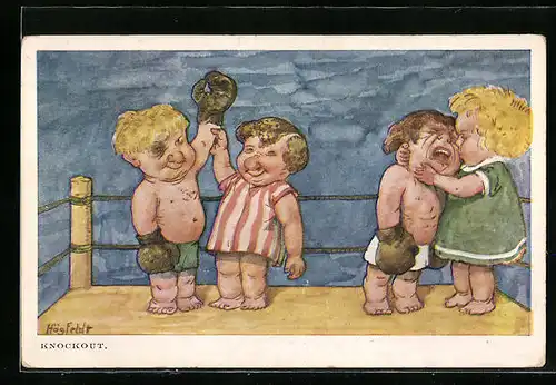 Künstler-AK sign. Högfeldt: Mädchen tröstet den Verlierer des Boxkampfes