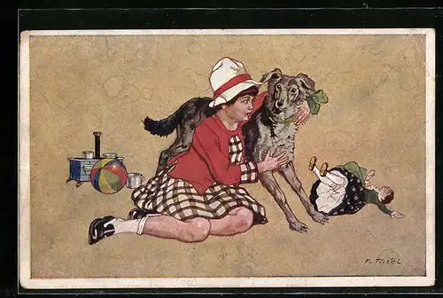 Künstler-AK sign. F. Thiel: Mädchen umarmt seinen Hund