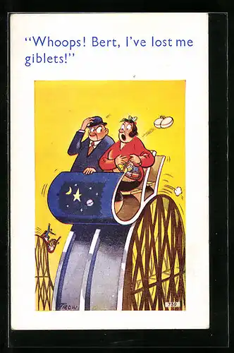 Künstler-AK sign. Trow: Paar fährt mit der Achterbahn