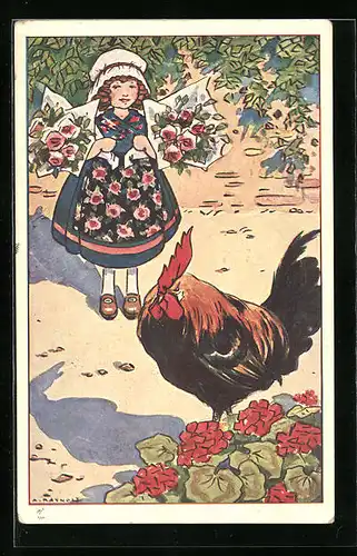 Künstler-AK sign. Raynolt: Mädchen mit Blumen im Arm betrachtet einen Hahn
