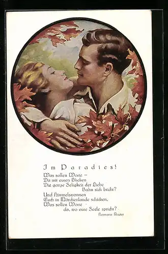 Künstler-AK sign. Gilbert: Verliebtes Paar umarmt sich, Im Paradies
