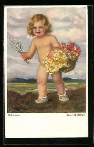 Künstler-AK sign. G. Flatscher: Mädchen trägt einen Korb voller Blumen, Herzensbotschaft