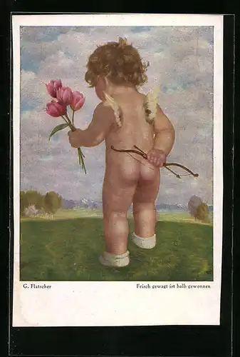 Künstler-AK sign. G. Flatscher: Amor pflückt Blumen auf der Wiese