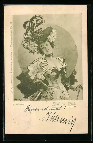Künstler-AK sign. F. Hlavaty: Elegante Dame mit Hut, Küss` die Hand!