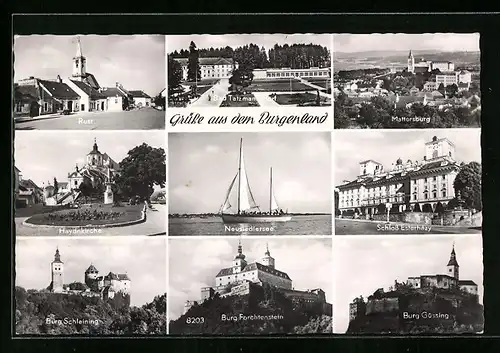 AK Bad Tatzmannsdorf, Segelboot auf dem Neusiedlersee, Burg Schleining, Burg Forchtenstein, Schloss Esterhazy
