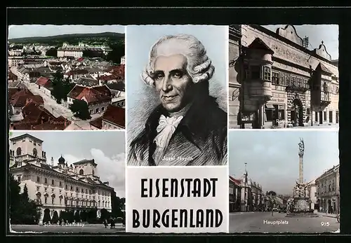 AK Eisenstadt, Ortsansicht aus der Vogelschau, Hauptplatz, Rathaus und Schloss Esterhazy, Porträt Josef Haydn