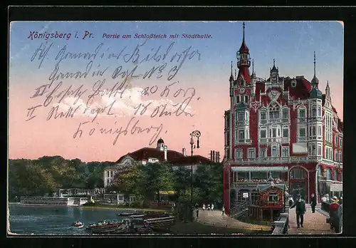 AK Königsberg i. Pr., Schlossteich mit Stadthalle