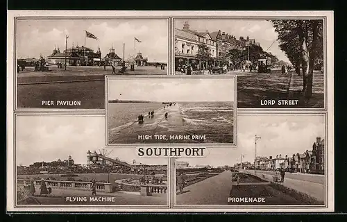AK Southport, Pier Pavilion, Lord Street, High Tide, Flying Machine, Promenade