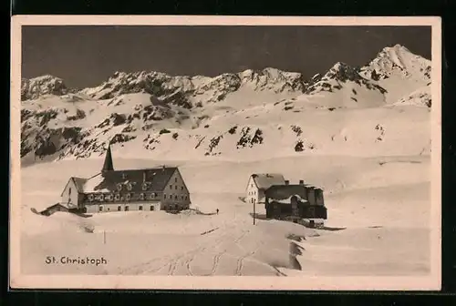 AK Sankt Christoph am Arlberg, Ortspartie im Winter