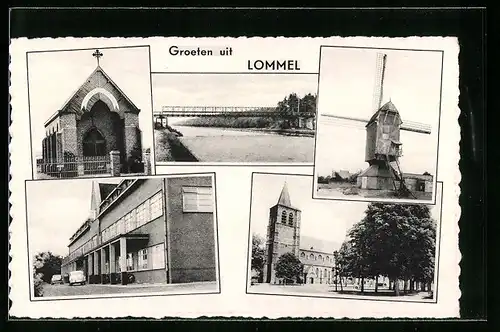 AK Lommel, Flusspartie mit Brücke, Windmühle, Kirche und Strassenpartie