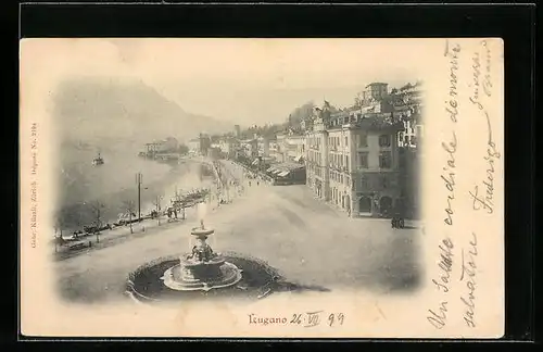 AK Lugano, Uferpartie mit Brunnen