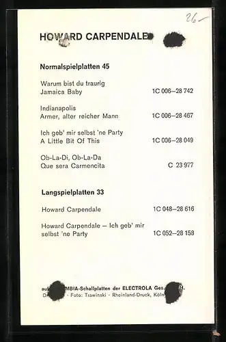 AK Musiker Howard Carpendale lächelt in die Kamera, Autograph