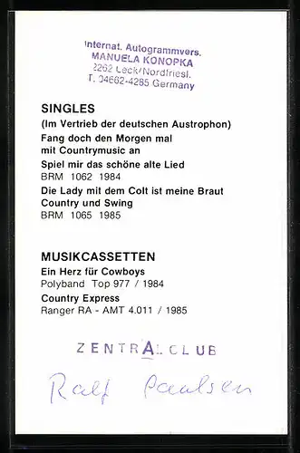 AK Musiker Ralf Paulsen im weissen Hemd, Autograph