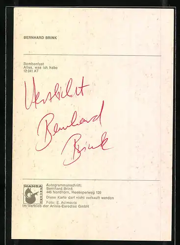 AK Musiker Bernhard Brink im Porträt, original Autograph